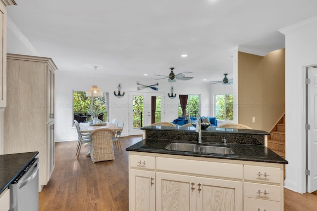 kitchen with hardwood / wood-style floors, a wealth of natural light, crown molding, and sink