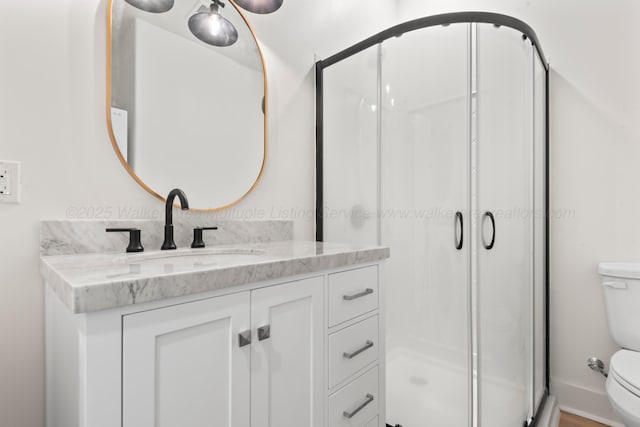 full bathroom with vanity, toilet, and a shower stall