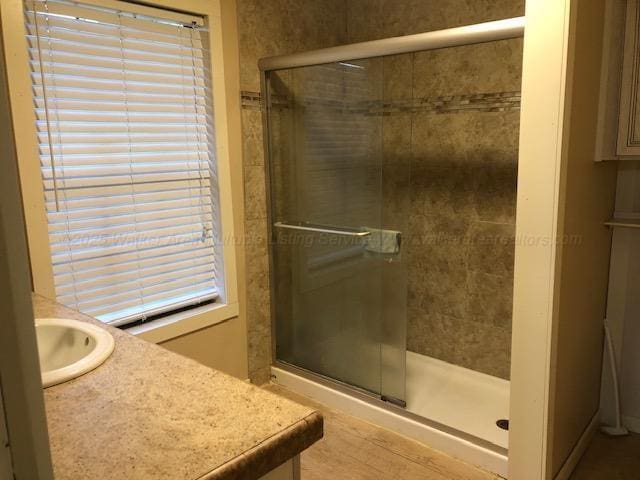 bathroom with vanity and a shower stall