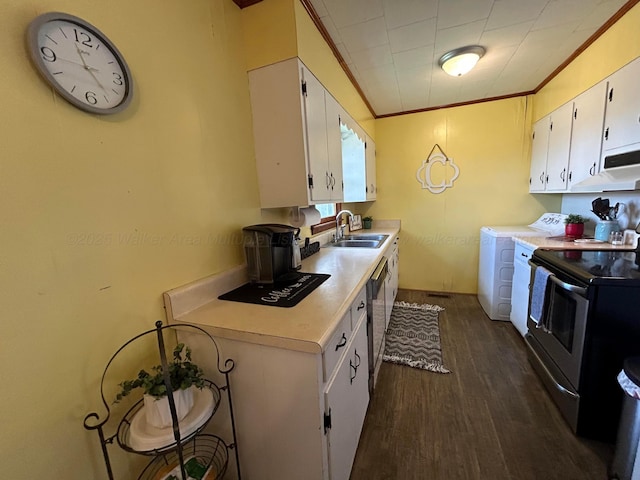 kitchen with ornamental molding, stainless steel electric stove, a sink, white cabinets, and washer and dryer