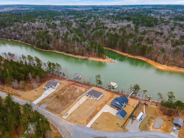 bird's eye view featuring a forest view and a water view