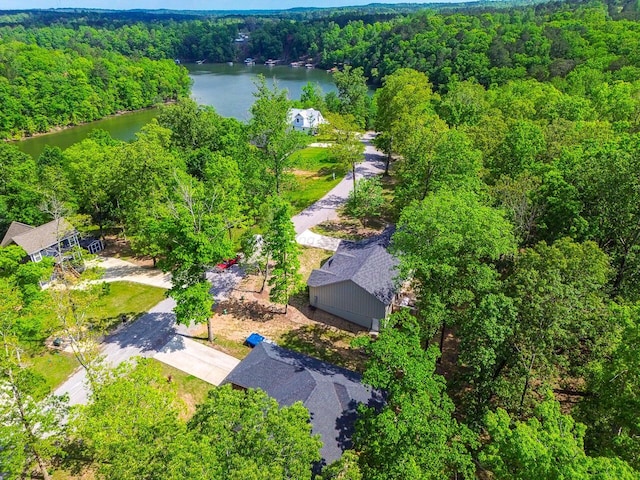 drone / aerial view with a water view and a view of trees