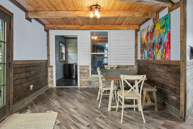 interior space featuring wood ceiling, wood walls, wood finished floors, and beam ceiling