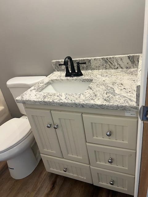 bathroom with toilet, vanity, and wood finished floors