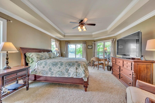 187 S Pointe Dr, Arley, AL 35541 - bedroom featuring carpet, access to exterior, multiple windows, a raised ceiling, and crown molding