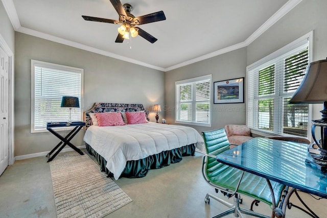 187 S Pointe Dr, Arley, AL 35541 - bedroom featuring carpet flooring, baseboards, crown molding, and ceiling fan