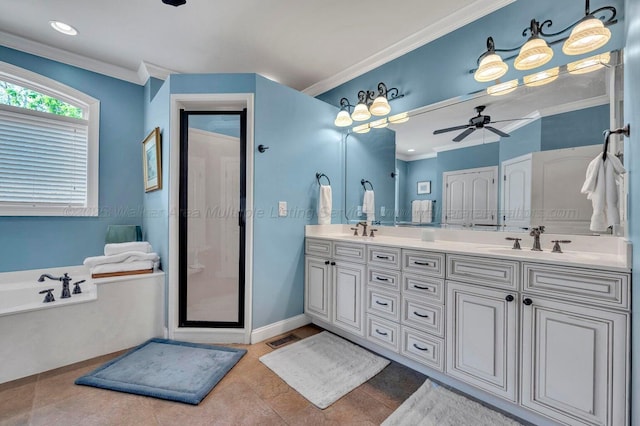 187 S Pointe Dr, Arley, AL 35541 - bathroom featuring double vanity, a bath, a stall shower, a ceiling fan, and crown molding