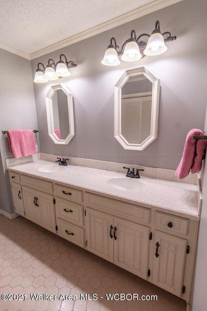 bathroom with vanity, a textured ceiling, and ornamental molding