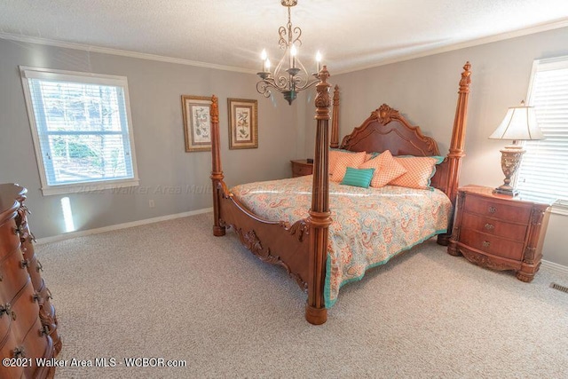 carpeted bedroom with multiple windows and crown molding