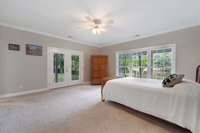 526 Boat Launch Rd, Quinton, AL 35130 - bedroom with french doors, access to outside, crown molding, light colored carpet, and a ceiling fan