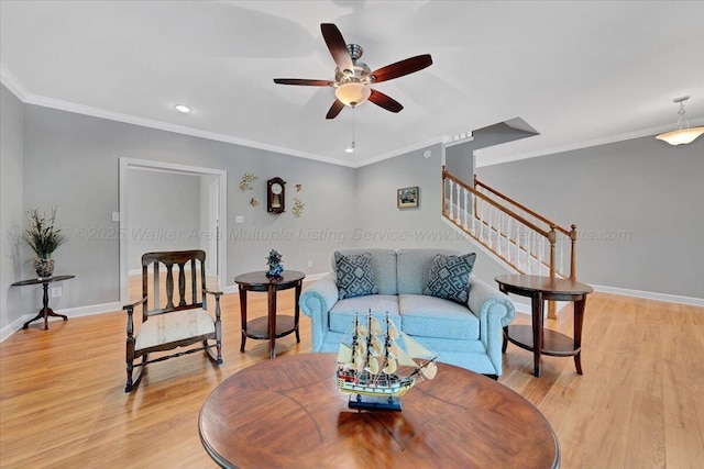 526 Boat Launch Rd, Quinton, AL 35130 - living room with stairs, a ceiling fan, light wood finished floors, crown molding, and recessed lighting