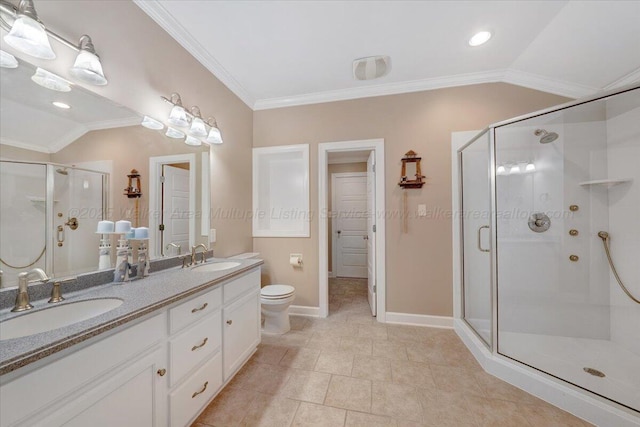 526 Boat Launch Rd, Quinton, AL 35130 - bathroom featuring a stall shower, double vanity, crown molding, and tile patterned floors