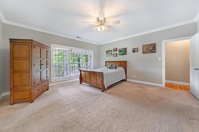 526 Boat Launch Rd, Quinton, AL 35130 - bedroom with light colored carpet, crown molding, a ceiling fan, and access to exterior