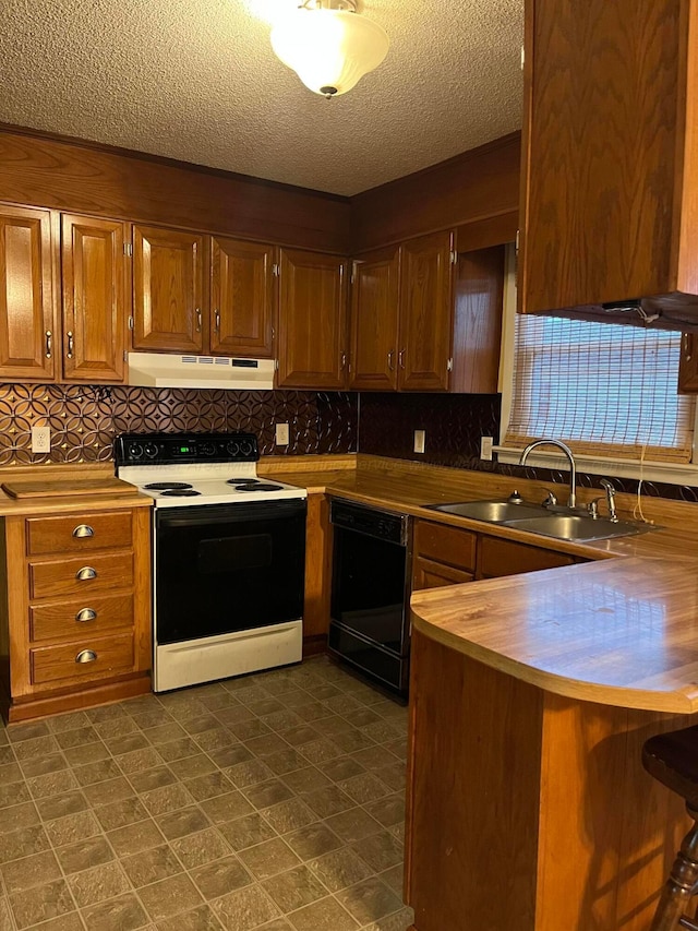 kitchen featuring black dishwasher, under cabinet range hood, a sink, electric range oven, and backsplash