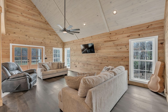 living room with a healthy amount of sunlight, wooden walls, and french doors