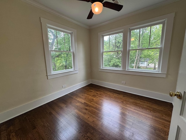 empty room featuring baseboards, ornamental molding, a healthy amount of sunlight, and dark wood-style floors