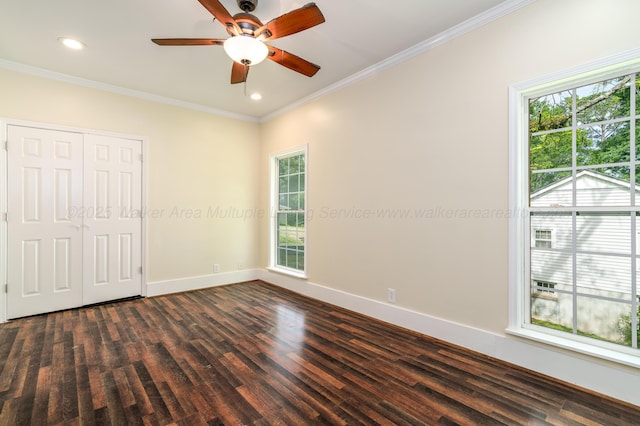 409 W 13th St, Jasper, AL 35501 - unfurnished bedroom featuring dark wood-style floors, ornamental molding, baseboards, a closet, and recessed lighting