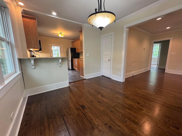 interior space with crown molding, plenty of natural light, and dark wood-style flooring