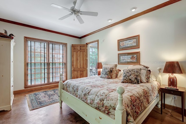 bedroom featuring baseboards, ornamental molding, and a ceiling fan