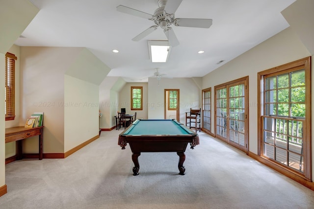 playroom featuring recessed lighting, carpet, baseboards, ceiling fan, and pool table
