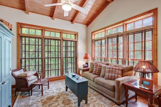 living room with lofted ceiling with beams, ceiling fan, and wooden ceiling