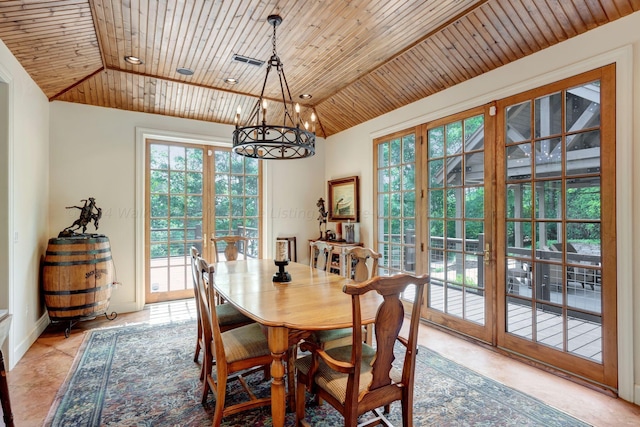 dining space with lofted ceiling, an inviting chandelier, french doors, wooden ceiling, and visible vents
