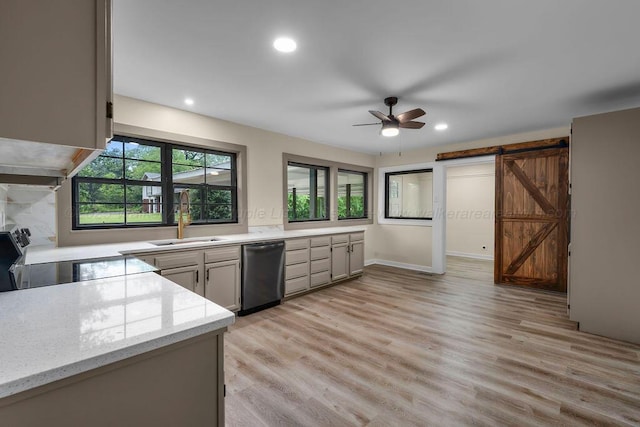 kitchen featuring stainless steel electric stove, light wood-style flooring, a sink, ceiling fan, and dishwasher