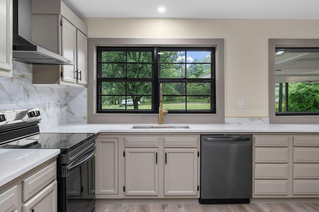 kitchen featuring black / electric stove, dishwasher, a sink, wall chimney exhaust hood, and decorative backsplash