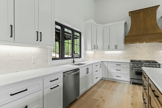 kitchen with a sink, light wood-style floors, light countertops, appliances with stainless steel finishes, and custom range hood