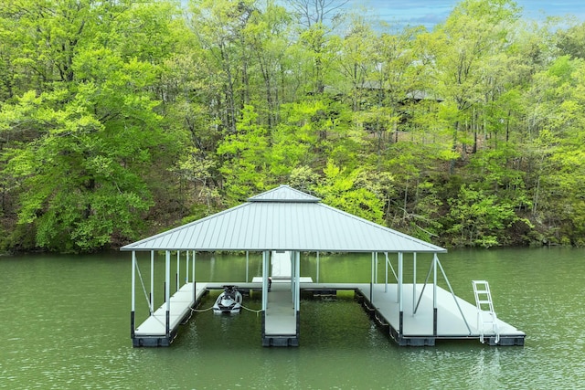 view of dock with a water view and boat lift