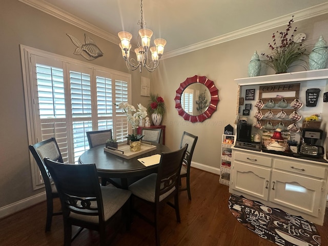 dining area with ornamental molding, a chandelier, baseboards, and dark wood-style floors