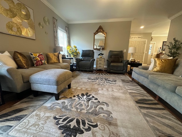 living area featuring ornamental molding