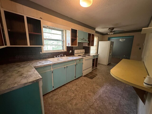 47 Hyche Rd, Cordova, AL 35550 - kitchen featuring white appliances, a sink, open shelves, under cabinet range hood, and ceiling fan