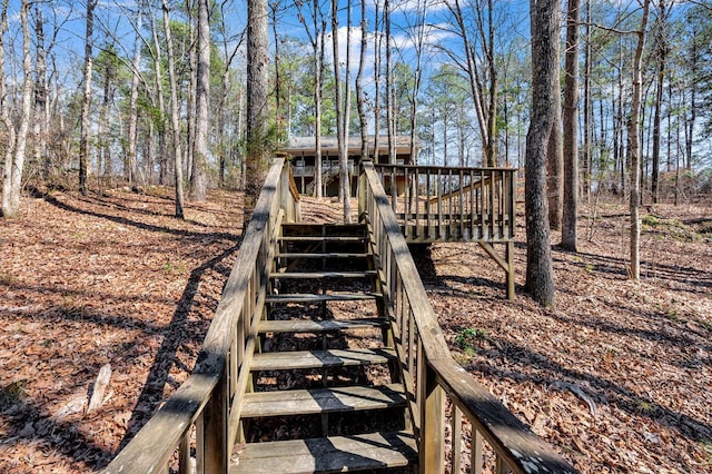 view of yard featuring a deck and stairway