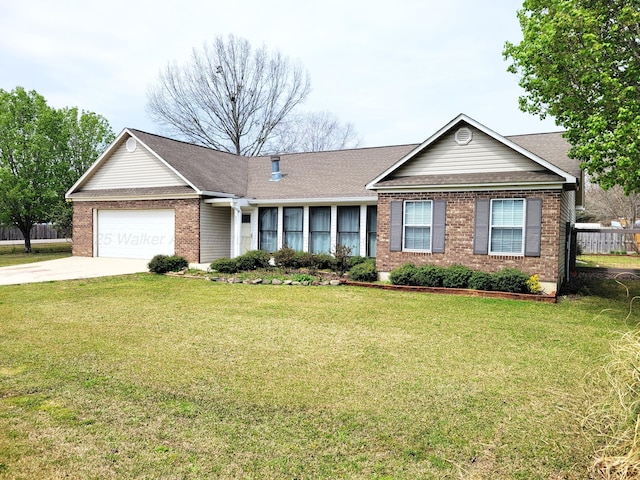 single story home featuring an attached garage, brick siding, a front lawn, driveway, and a shingled roof