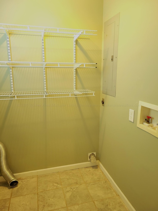 laundry room with electric panel, hookup for an electric dryer, baseboards, laundry area, and washer hookup