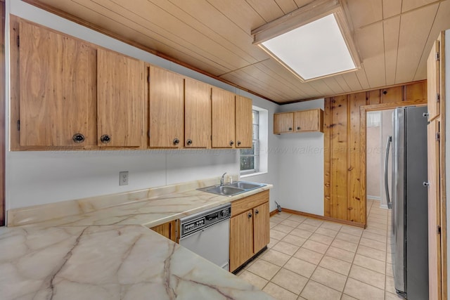 60 County Road 304, Cullman, AL 35057 - kitchen with freestanding refrigerator, white dishwasher, light stone counters, wood ceiling, and wood walls