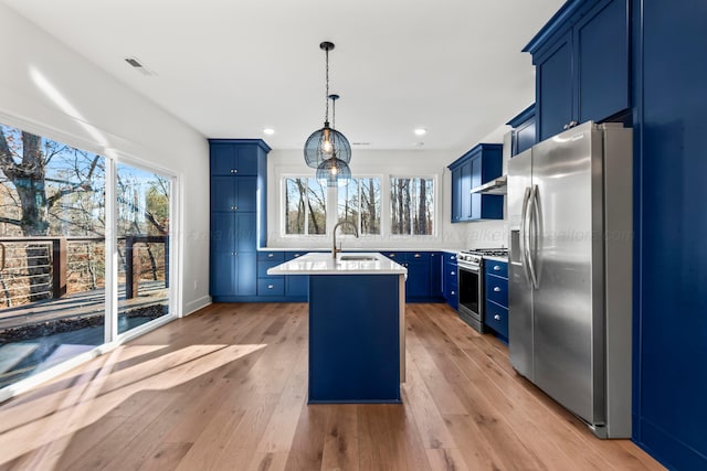 kitchen featuring blue cabinetry, stainless steel appliances, a center island with sink, light wood finished floors, and visible vents