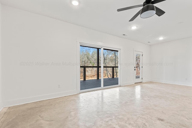 spare room featuring concrete flooring, baseboards, ceiling fan, and recessed lighting