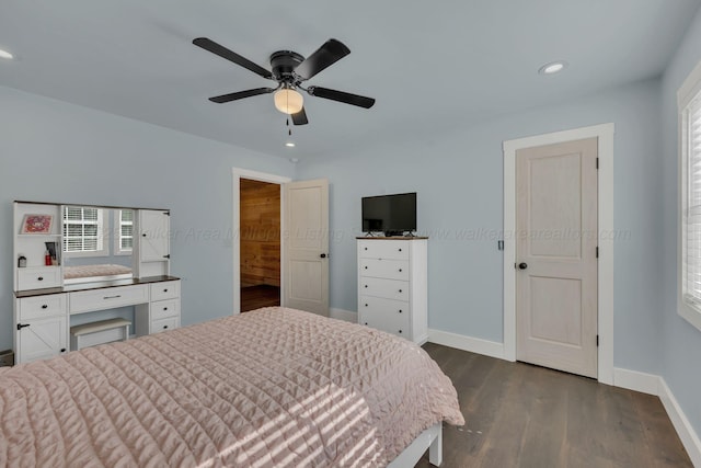 bedroom with dark wood-type flooring, ceiling fan, baseboards, and recessed lighting