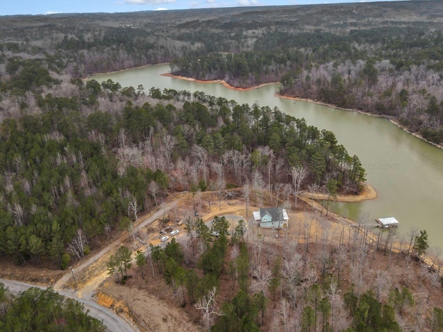 drone / aerial view with a water view and a forest view