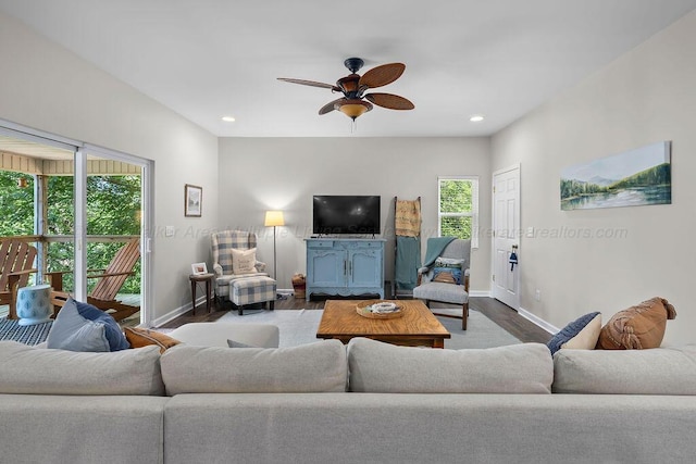 75 County Rd 881, Crane Hill, AL 35053 - living area with dark wood-style flooring, recessed lighting, and a ceiling fan