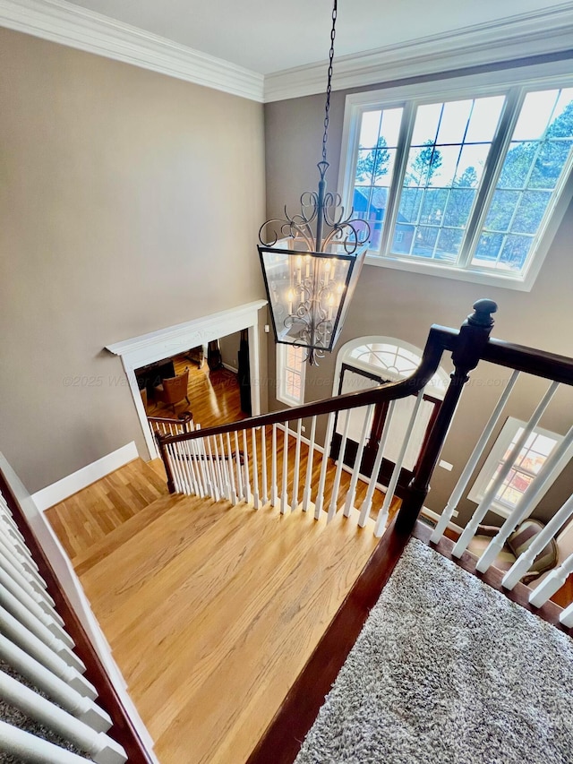 305 Chris Ln, Winfield, AL 35594 - stairs featuring baseboards, ornamental molding, wood finished floors, and an inviting chandelier
