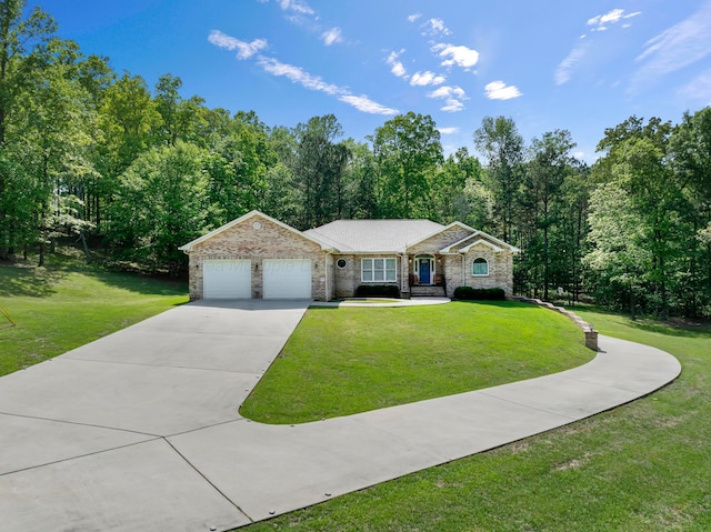 ranch-style home with a garage, driveway, a front lawn, and stone siding