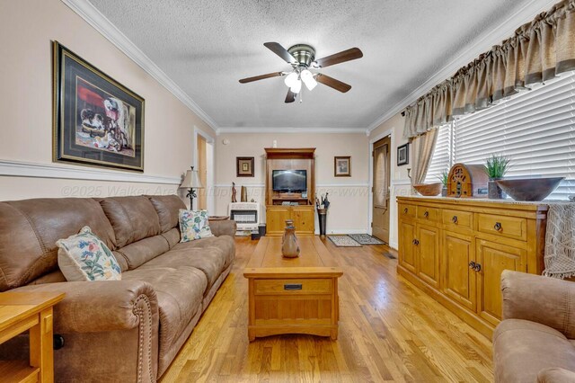 2555 Shady Rd, Adamsville, AL 35005 - living room featuring a ceiling fan, light wood-style floors, ornamental molding, a textured ceiling, and wainscoting