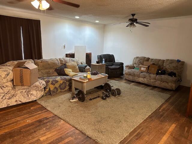 1619 14th Ave, Haleyville, AL 35565 - living room featuring ceiling fan, wood-type flooring, a textured ceiling, and recessed lighting