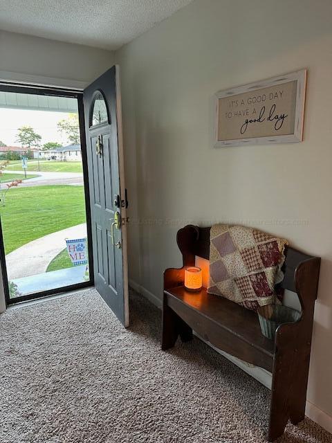 carpeted foyer featuring baseboards and a textured ceiling