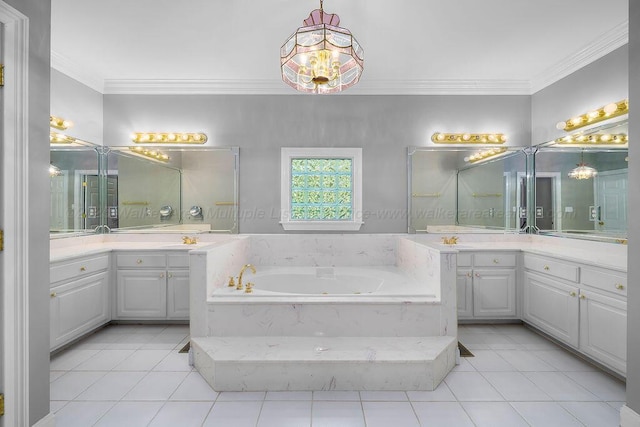 5746 Old Birmingham Hwy, Jasper, AL 35501 - full bathroom featuring a garden tub, two vanities, crown molding, and tile patterned floors