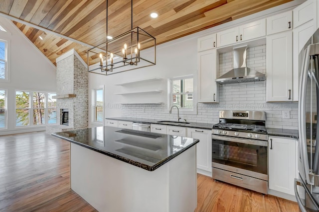 556 Sipsey Rock Rd, Crane Hill, AL 35053 - kitchen featuring tasteful backsplash, wooden ceiling, a sink, wall chimney range hood, and appliances with stainless steel finishes
