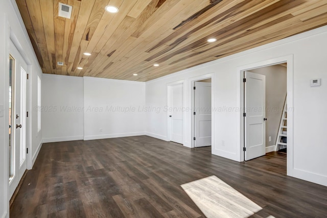556 Sipsey Rock Rd, Crane Hill, AL 35053 - unfurnished room featuring wood ceiling, dark wood-style floors, baseboards, visible vents, and recessed lighting